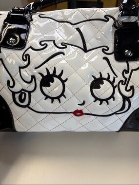 Betty Boop White Patent Quilted Satchel with Black Trim and Red Accent